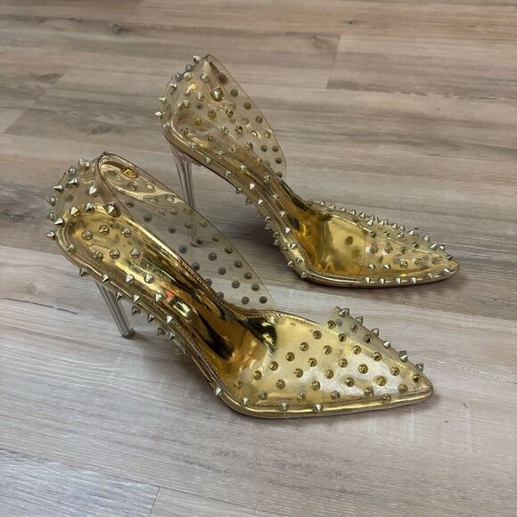 Azalea Wang Women's 11 Gold Spike Studded Clear Pump Heels Edgy Party Costume - Picture 1 of 11